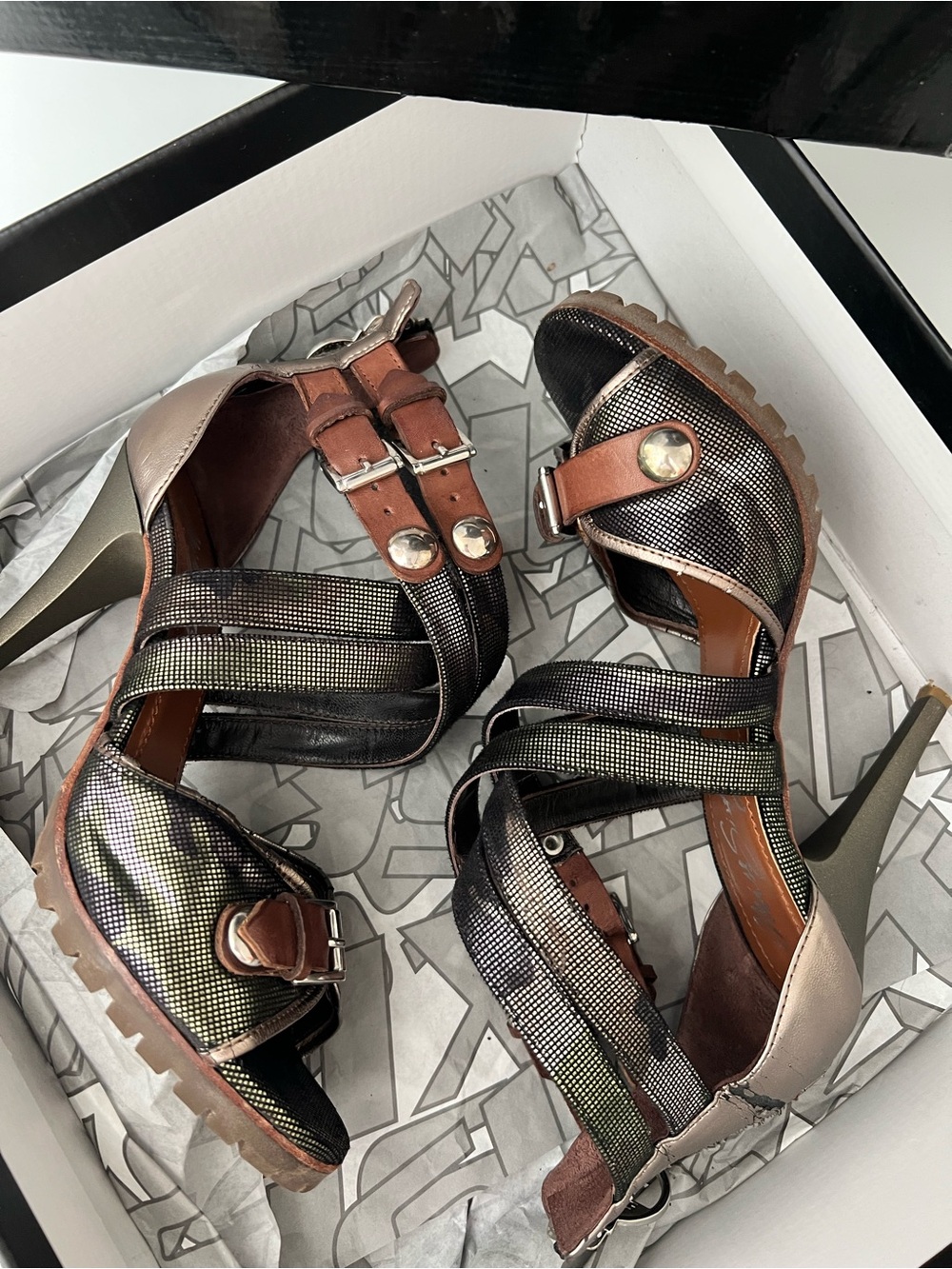 Miss Sixty Iridescent Black Strappy High Heel Sandals with Brown Accents